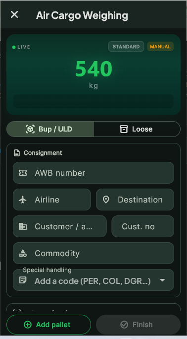 KiloSahihi air cargo weighing screen: live weight of 540 kg, BUP/ULD or loose, AWB number, airline, destination, customer, commodity and special handling codes