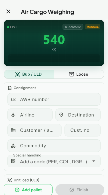 KiloSahihi air cargo weighing screen: live weight of 540 kg, BUP/ULD or loose, AWB number, airline, destination, customer, commodity and special handling codes