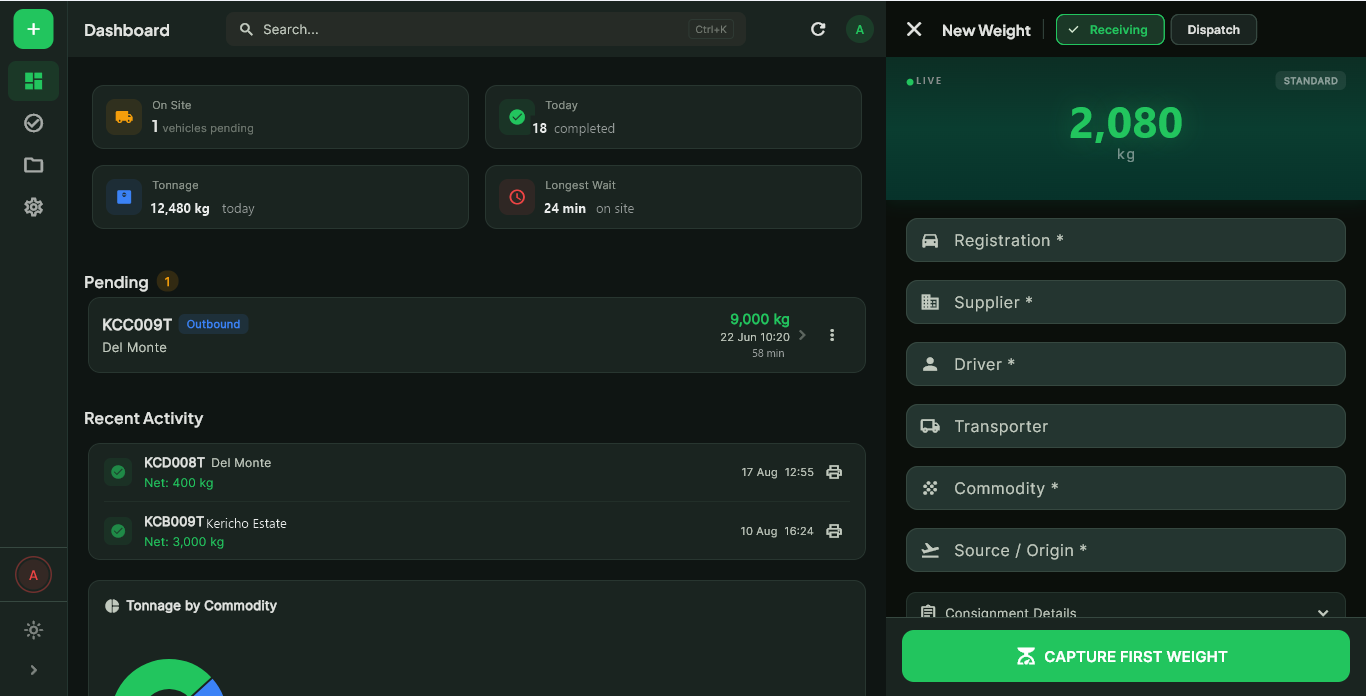 KiloSahihi desktop app — dashboard and weight capture with a truck on the bridge