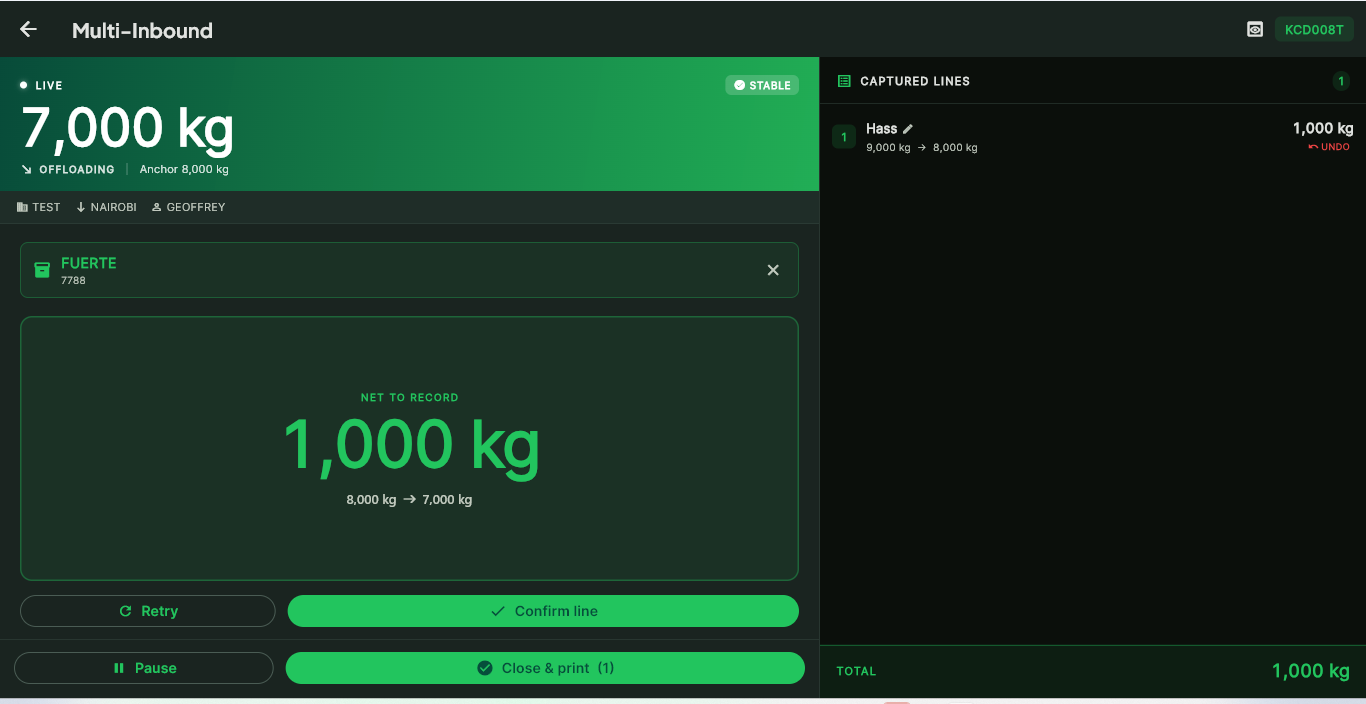 KiloSahihi multi-inbound weighing — live weight with per-commodity lines derived from bridge deltas