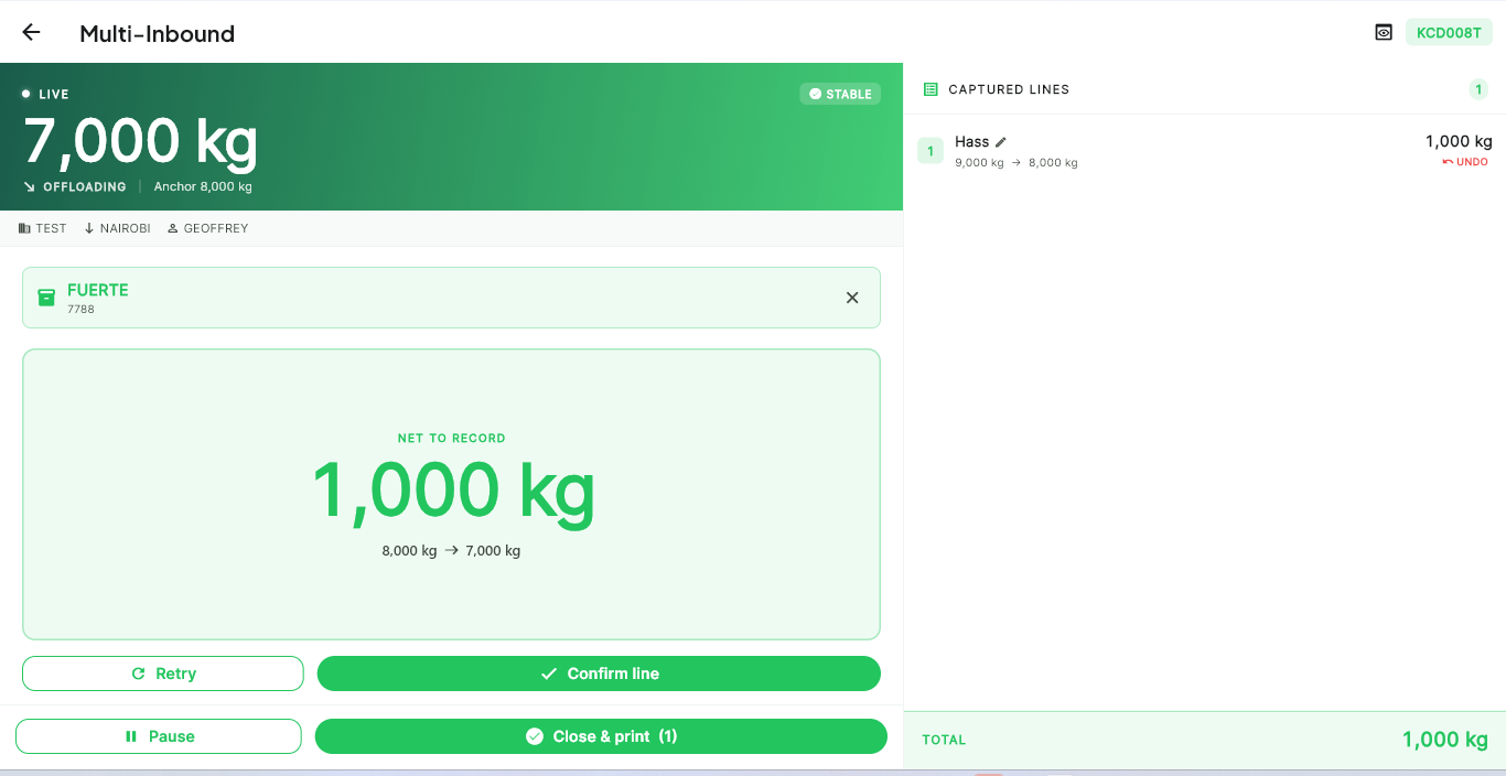 KiloSahihi multi-inbound weighing — live weight with per-commodity lines derived from bridge deltas